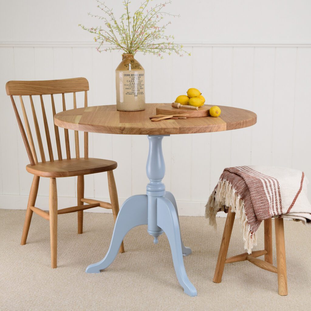 Cheshire oak round table painted in Lulworth Blue