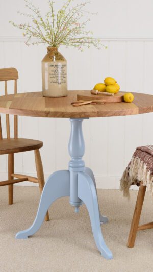 Cheshire oak round table painted in Lulworth Blue