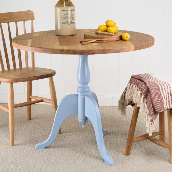 Cheshire oak round table painted in Lulworth Blue