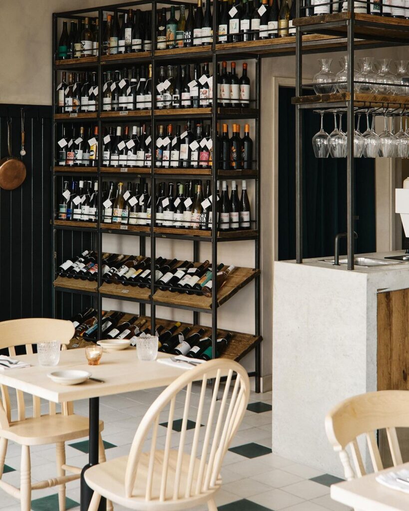 Farmhouse style seating in a winebar