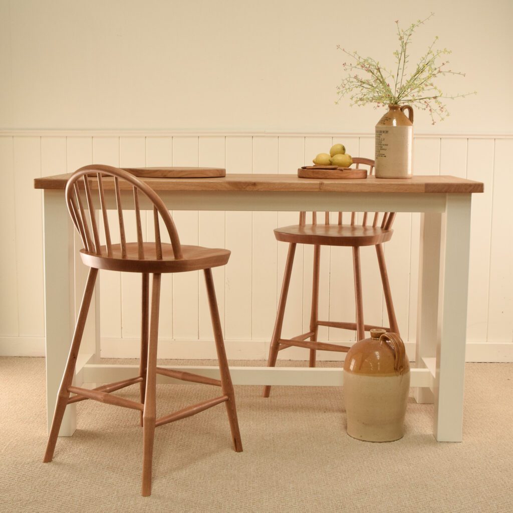 Windsor white oak kitchen island set with Windsor bar stools